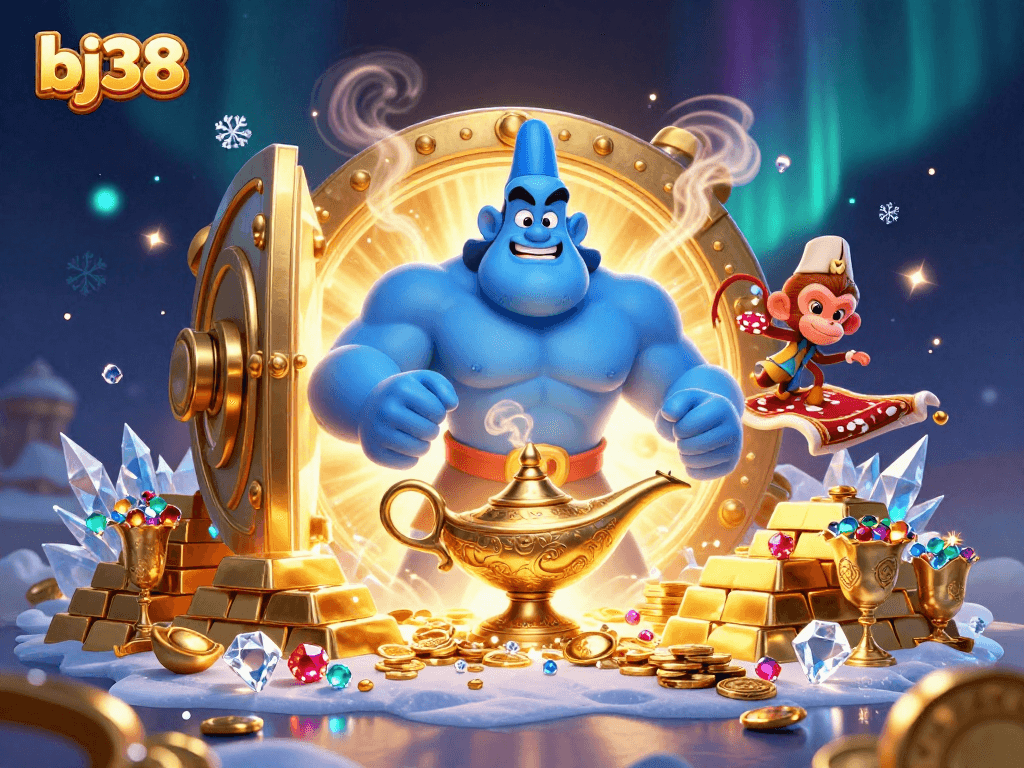 Experience the thrilling world of bj38 with a magical genie, treasure, and casino elements in a rich 3D illustration.