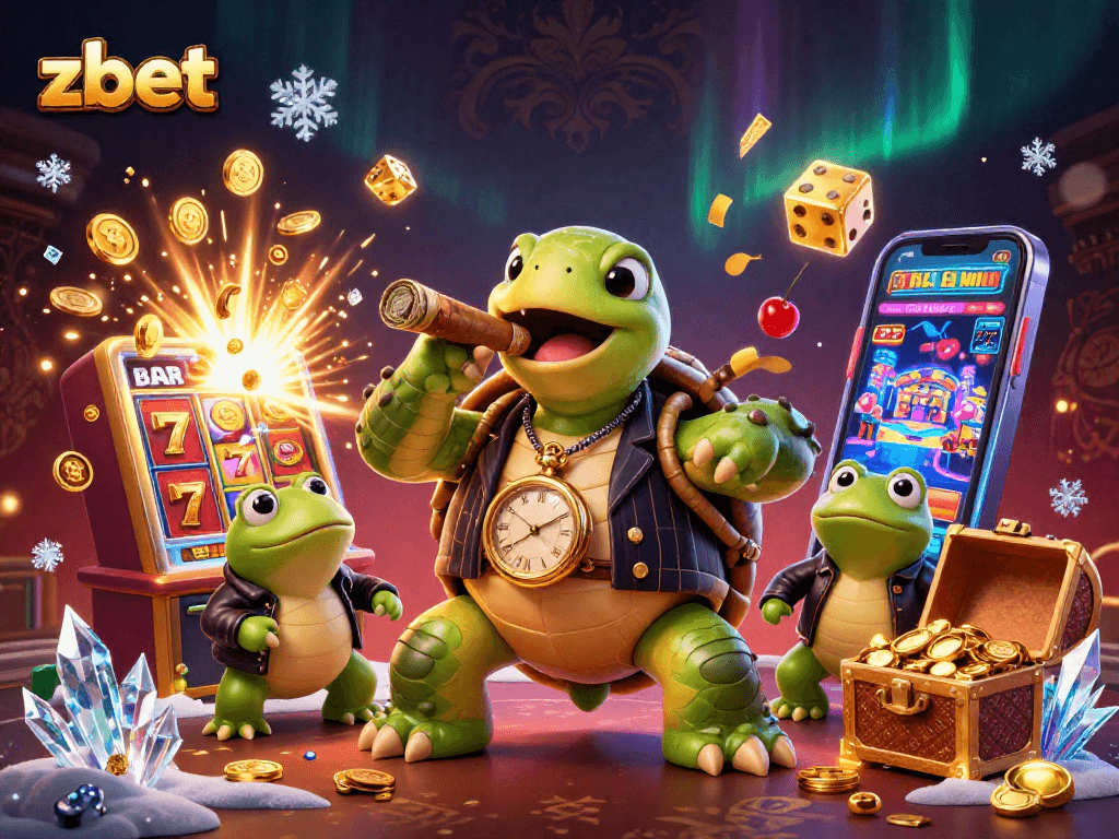 Experience thrilling gaming moments with zbet's vibrant 3D cartoon casino scene featuring a turtle mobster.