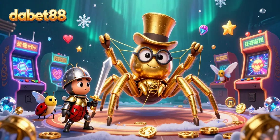 Experience dabet88 excitement with a vibrant 3D casino illustration showcasing a golden tarantula and knight.