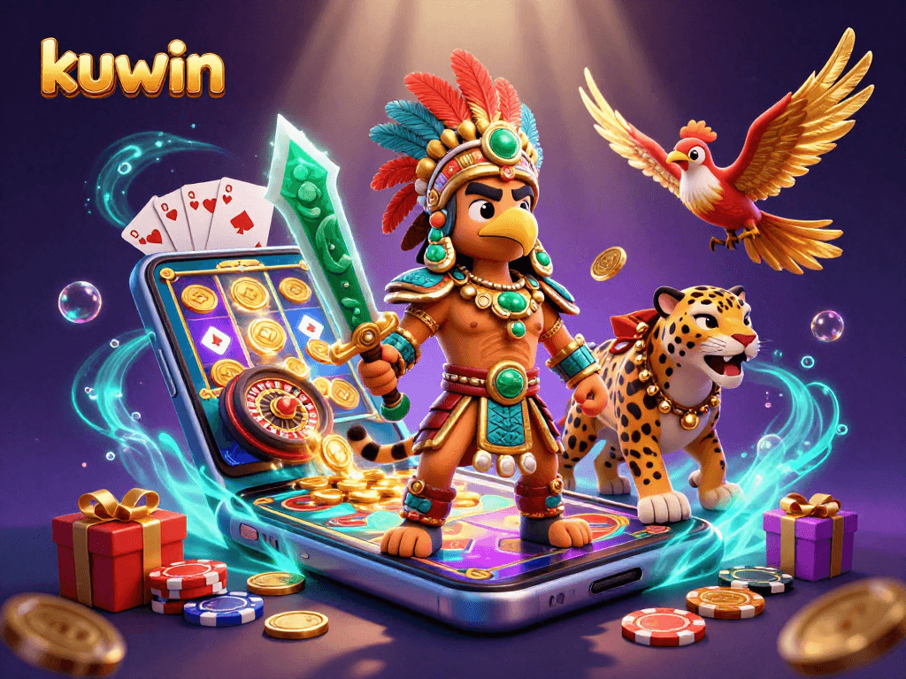 Kuwin gaming scene featuring an Aztec eagle warrior amidst vibrant slot games and gold coins popping out