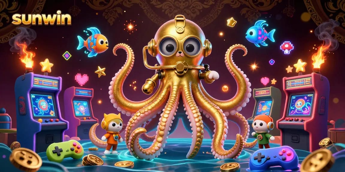 Experience sunwin through a dynamic illustration of a kraken and diving cat amidst vibrant casino elements.