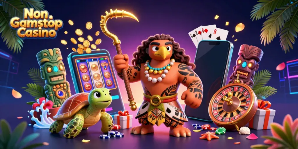 Engage with Non Gamstop Casino in a vibrant 3D scene with cartoon characters and gaming elements.