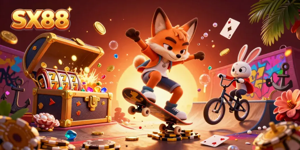 SX88 dynamic online casino scene featuring a playful fox and rabbit, showcasing thrills of gaming.