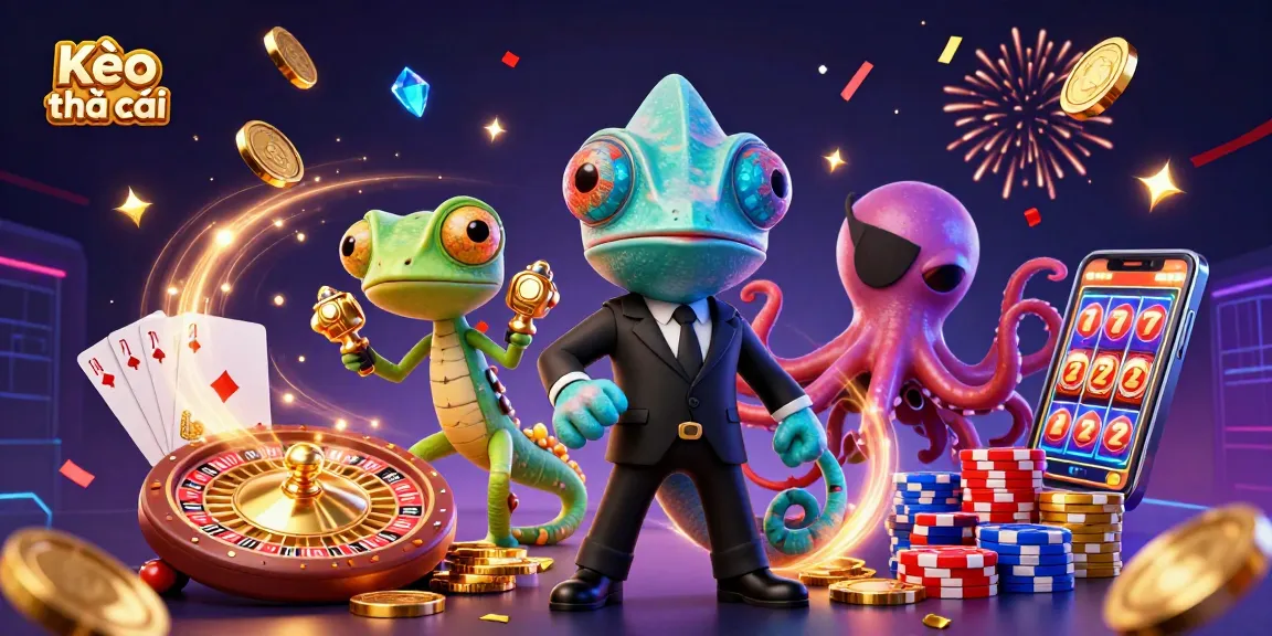Engage with Kèo nhà cái through an exciting illustration of casino elements and vibrant characters.