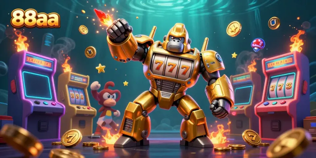 Engage with thrilling 88aa casino excitement featuring a golden gorilla mech amidst dynamic game elements.