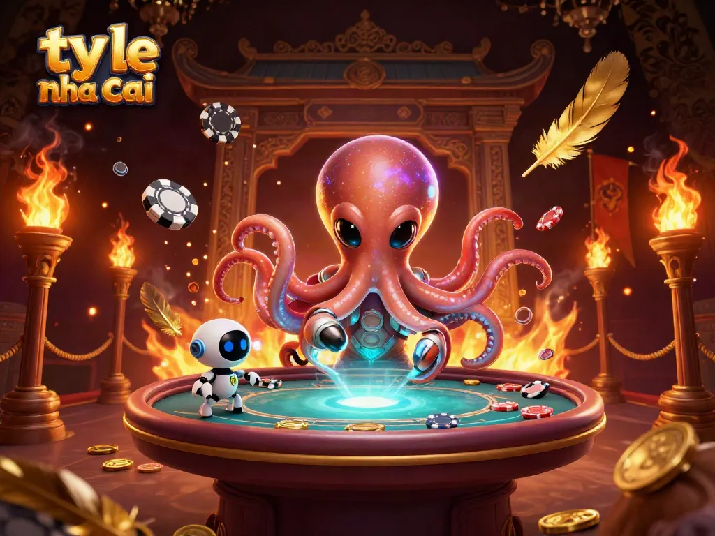 Engage in thrilling action with the ty le nha cai at the holographic poker table surrounded by sparkling visual elements.