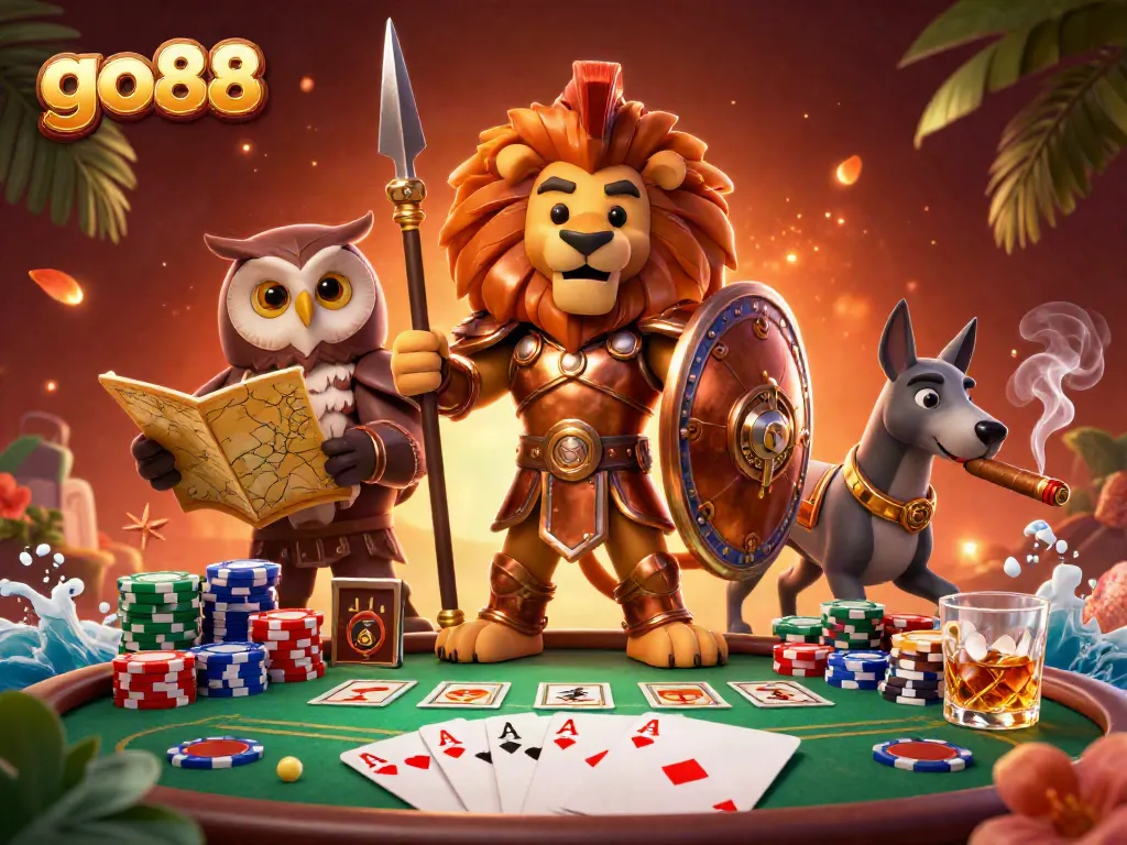 Experience excitement with go88 at a vibrant poker game led by a heroic Spartan lion.