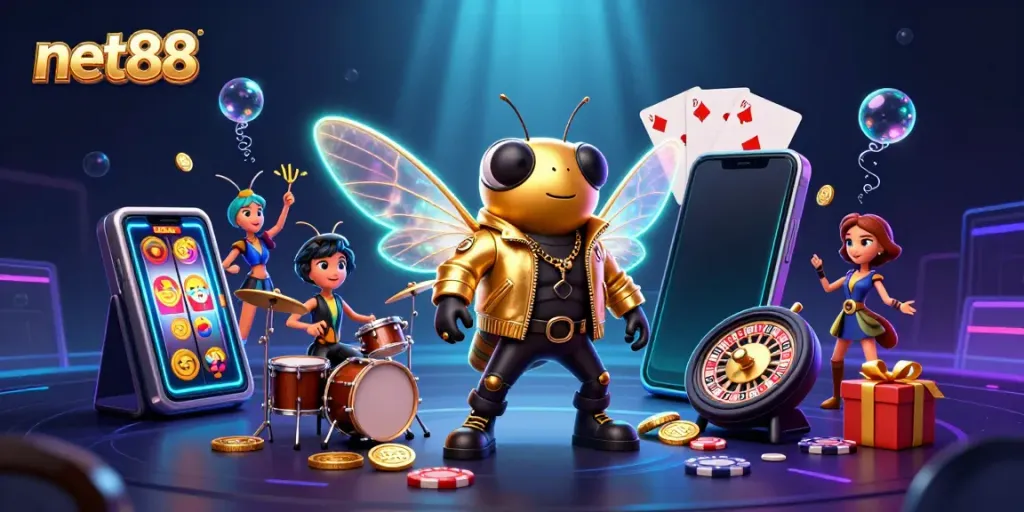 Experience the electrifying world of net88 with a vibrant cartoon scene featuring a cicada rock star and winning gaming elements.