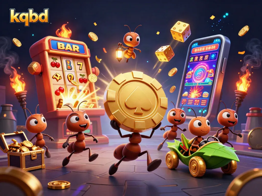 Kqbd showcases a dynamic underground heist scene featuring cartoon ants, excitement, and colorful casino elements.