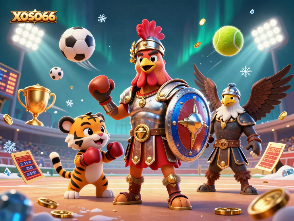 XOSO66 showcases a vibrant gladiator rooster and tiger cub in a dynamic gambling arena scene.