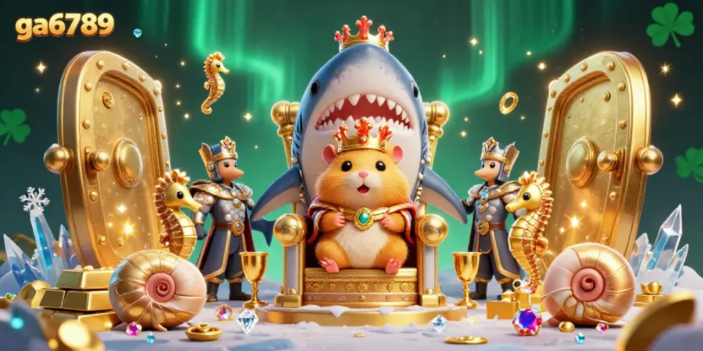 Engage with ga6789's exciting online casino world, featuring a golden hamster king and treasure-filled scene.