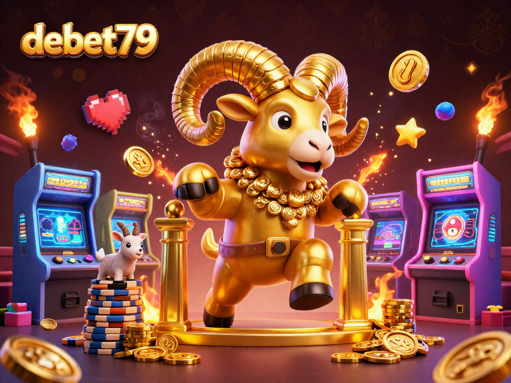 Join the excitement at debet79 with a golden ram charging through a casino-themed arcade!