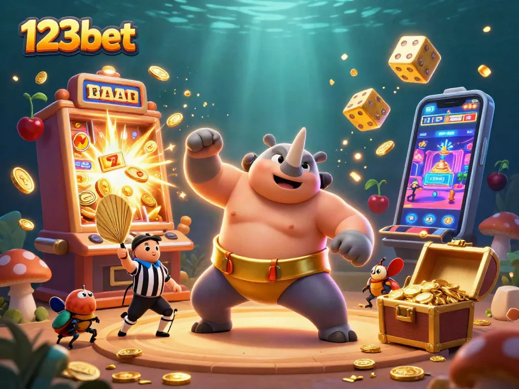 Experience the excitement of 123bet with a vibrant casino atmosphere featuring a beetle champion and slot machine jackpots.