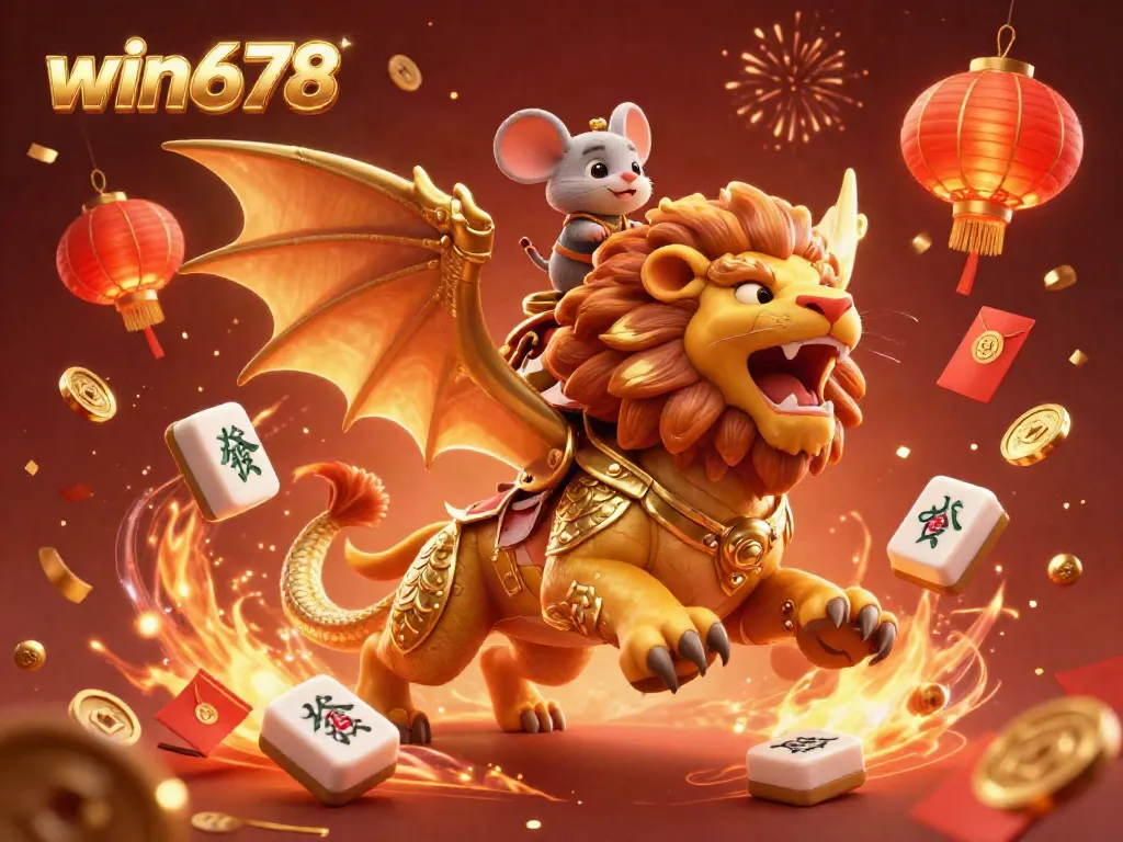 Experience thrilling gaming action at win678 with a majestic chimera and festive elements illustrating the online casino atmosphere.