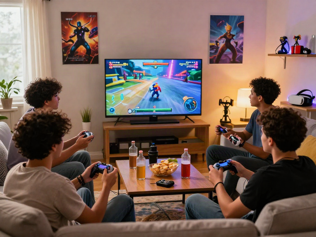 Friends enjoying an exciting adult game night in a stylish living room, engaged in multiplayer gaming fun.