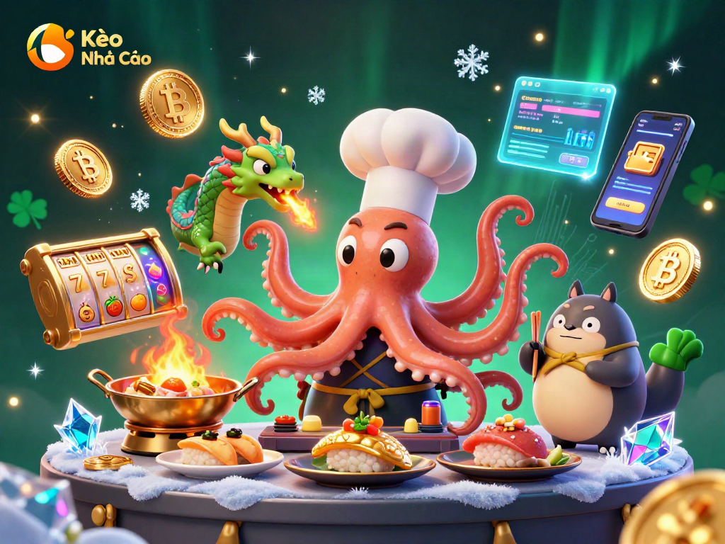 Kèo Nhà Cái: Enjoy immersive casino action with a sushi chef octopus and vibrant crypto elements.