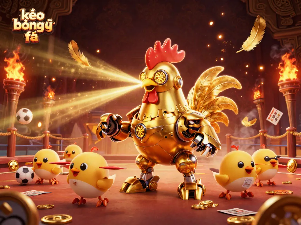 Engage in kèo bóng đá action with dynamic golden rooster robot and baby chick drones in a vibrant, betting-themed world.