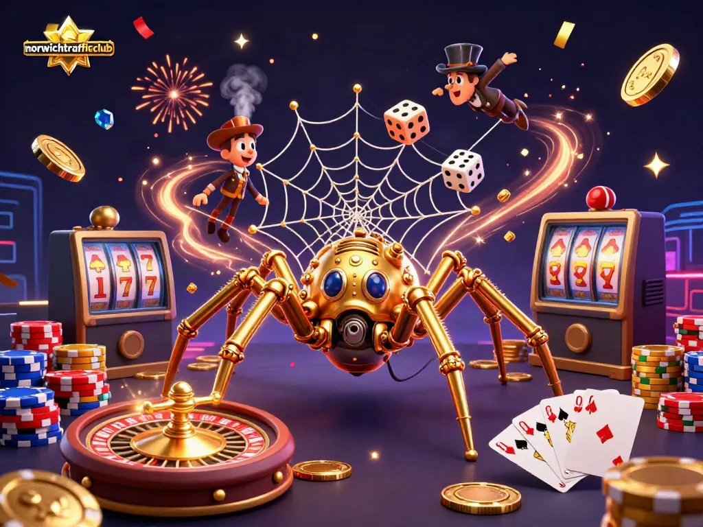 Engage with norwichtrafficclub as golden coins and poker chips explode in a vibrant casino scene.
