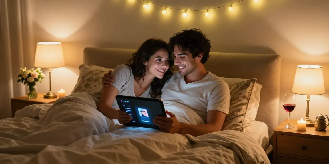 Couple exploring AI sex intimacy apps in a cozy bedroom setting.