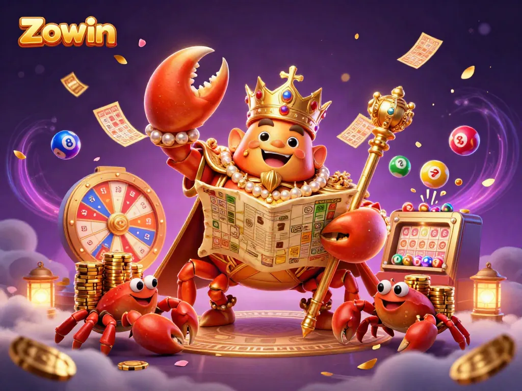 Zowin’s vibrant casino kingdom features a golden crab emperor amidst lottery revelry.