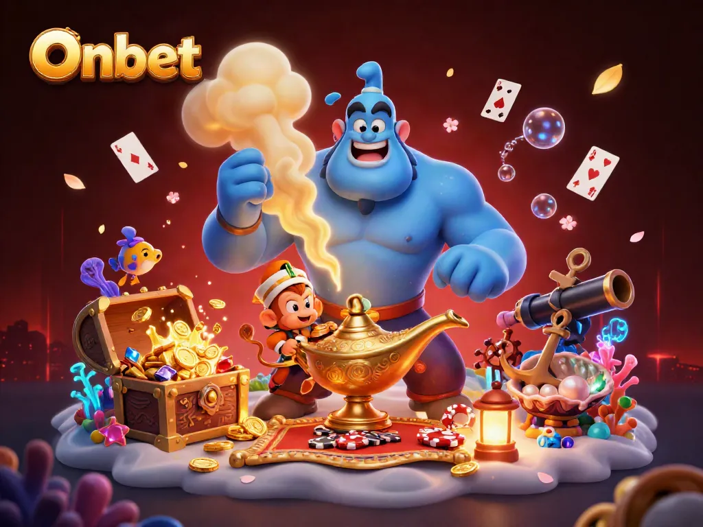 Experience thrilling gaming with Onbet featuring genies, poker chips, and glittering treasures.