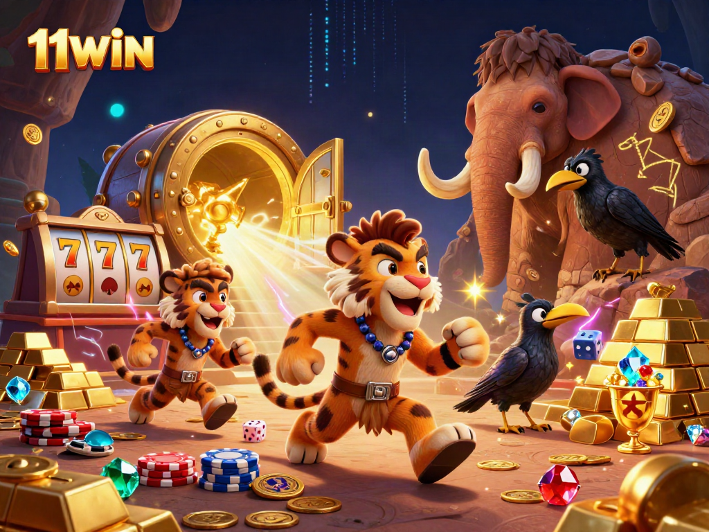 Experience thrilling slots and wins at the vibrant 11WIN prehistoric casino illustration.