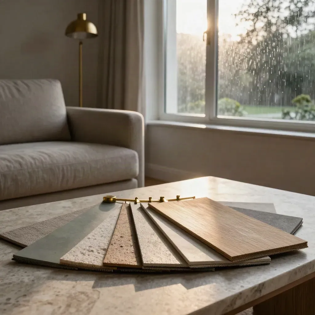 Scandinavian living room close-up with material samples, pale oak joinery, linen sofa and brass lamp.