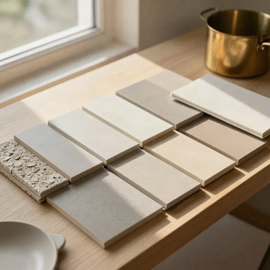 Plaster chips, wool bands, and finish samples on a pale timber console in warm daylight.