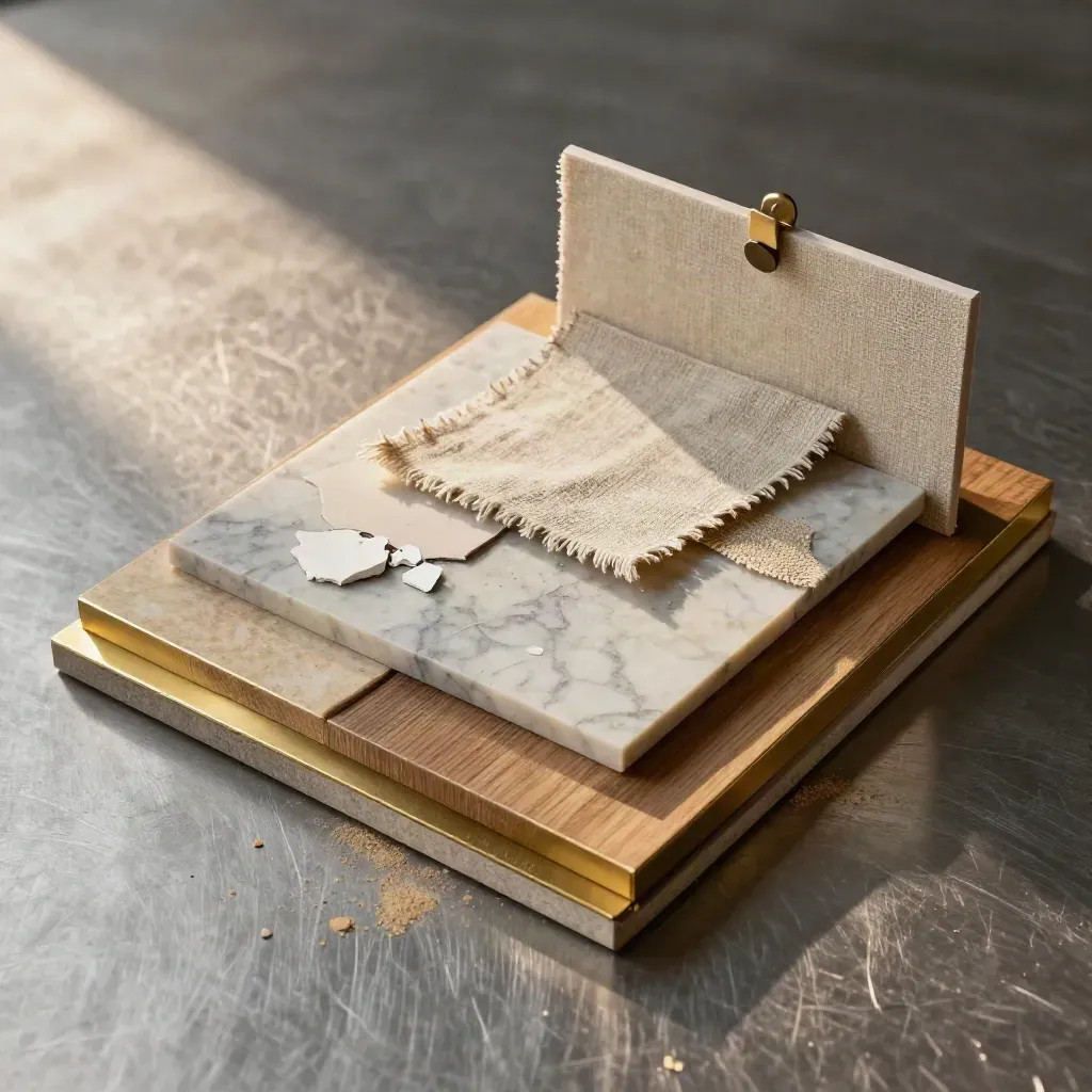Macro of oak, brass, limestone, plaster and linen samples on a studio surface.