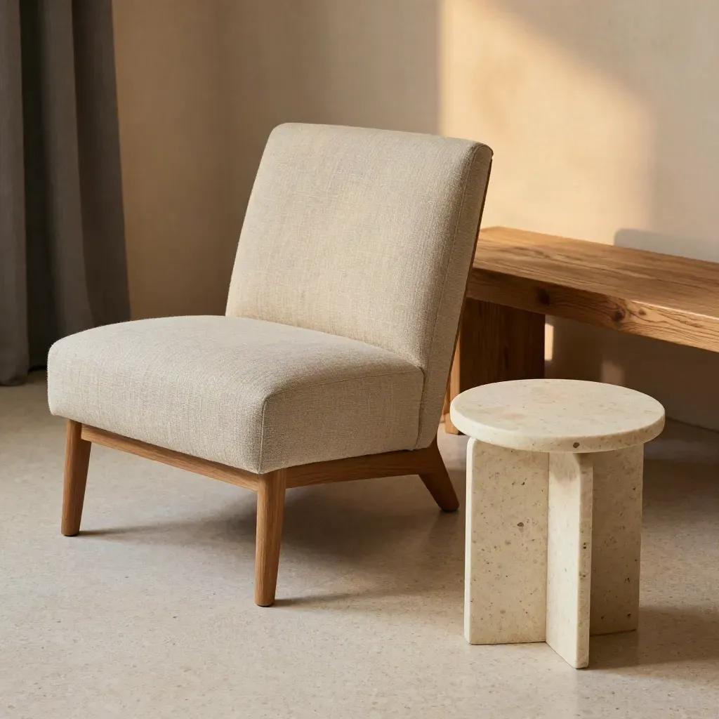 Linen chair, oak bench and travertine side table staged in a warm showroom shortlist.