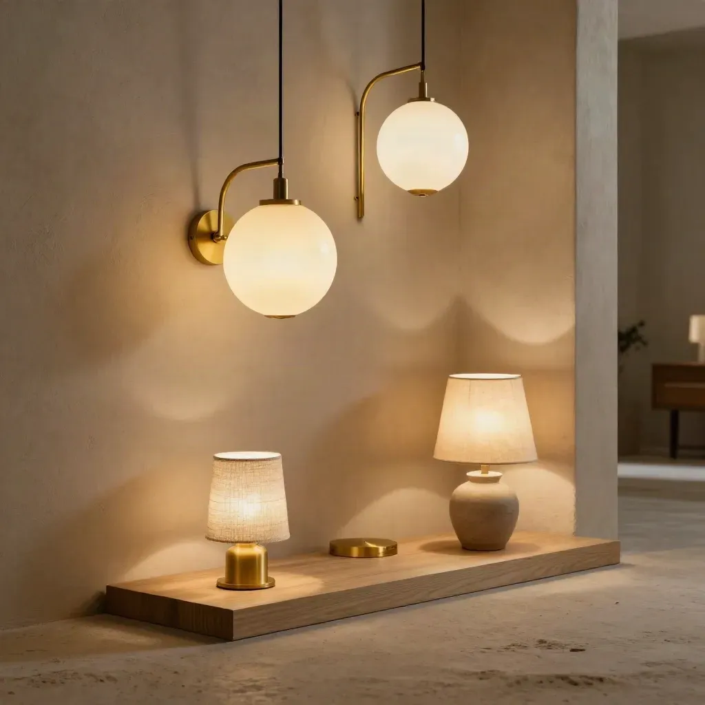 Lighting samples in a dim corner with pendant, sconce and table lamp pools of warm light.
