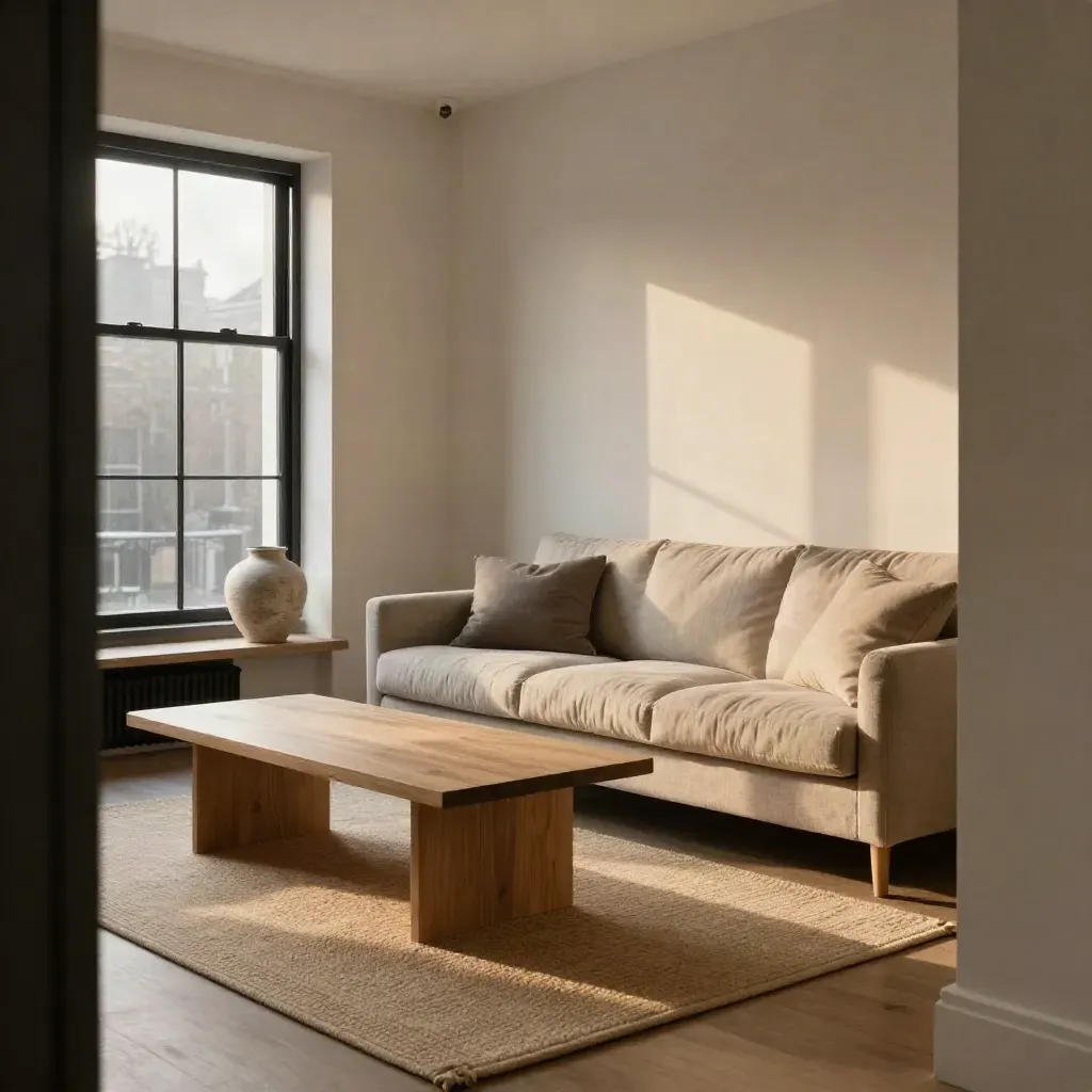 Warm Notting Hill flat interior with oak table, linen sofa, plaster walls and soft window light