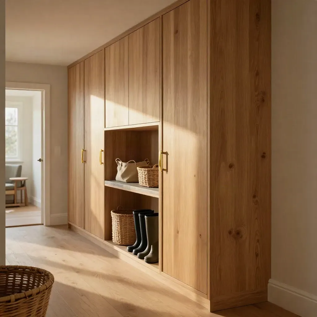 Warm hallway joinery with baskets, brass handles and a clear passage in late-afternoon light.