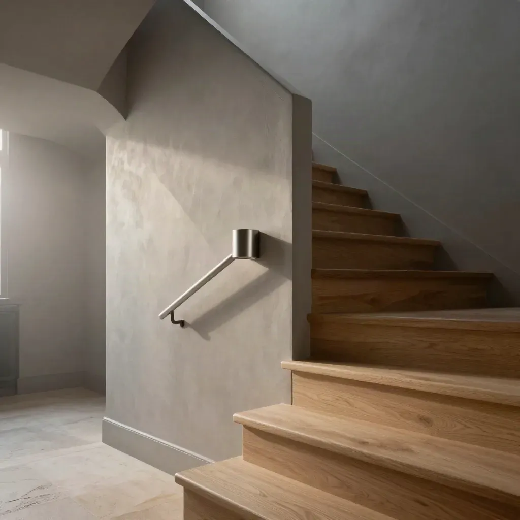 Muted stair hall detail with oak treads, pewter wall lights, and mist-softened upper landing.