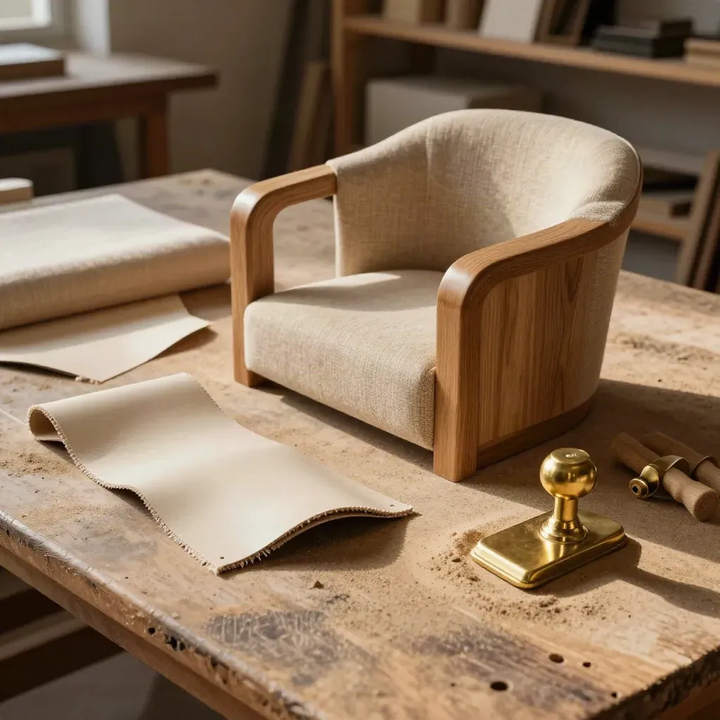 Upholstery offcuts, oak chair arm sample, dowels and brass castor on a joinery bench