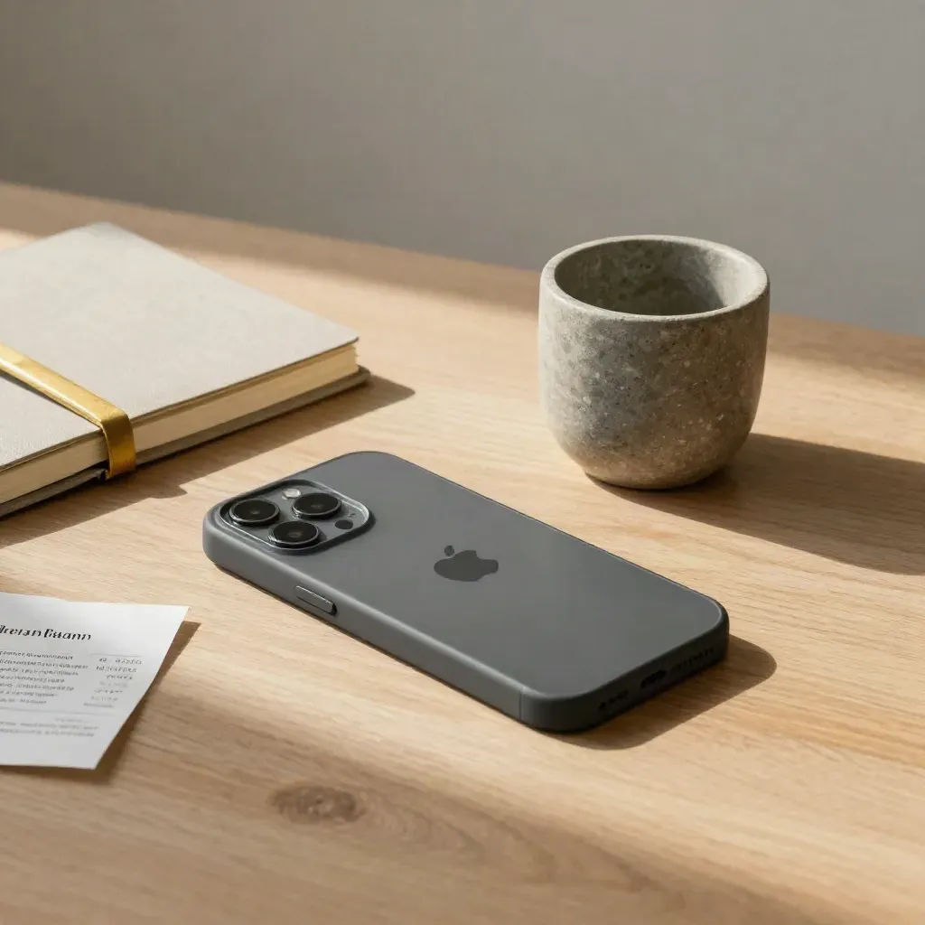 Face-down phone, linen notebook, and stone cup on a pale oak desk