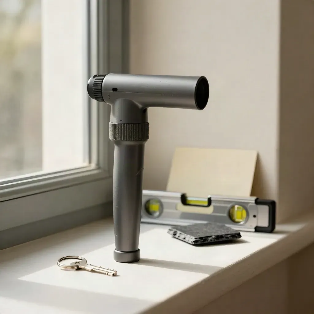 Site torch, level, key ring and slate sample on a pale windowsill in soft side light.
