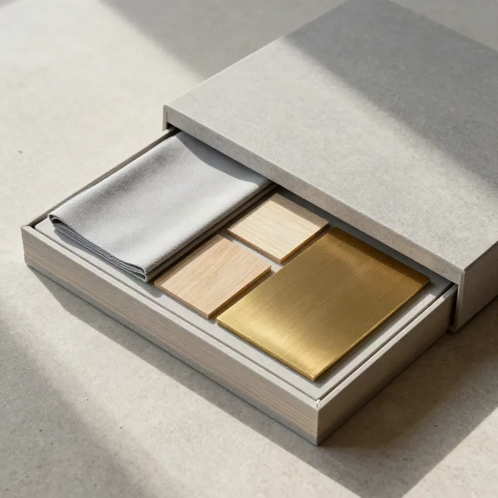 Open portfolio box with material boards, fabric swatches, veneer chips and brass sample on pale stone.
