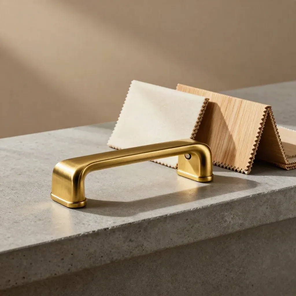 Brass door pull with felt pads, timber offcuts and pine upholstery sample on stone shelf.