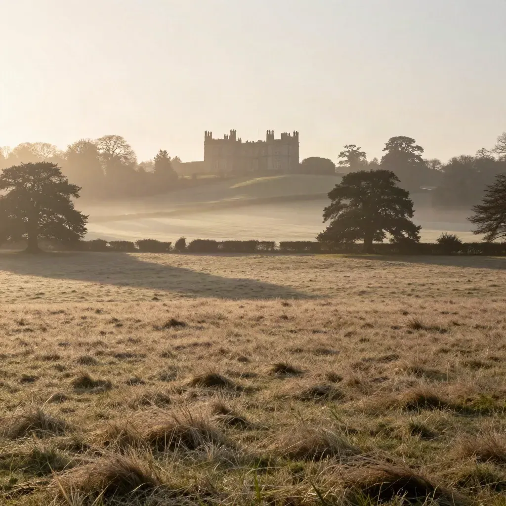 Misty Home Counties parkland with a manor silhouette above calm fields at dawn
