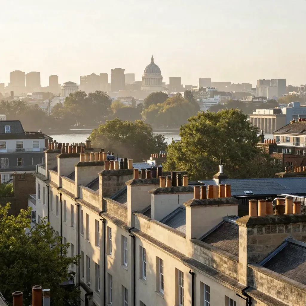 Hazy London rooftops with stucco terraces, chimneys, domes, and misty tree canopy.
