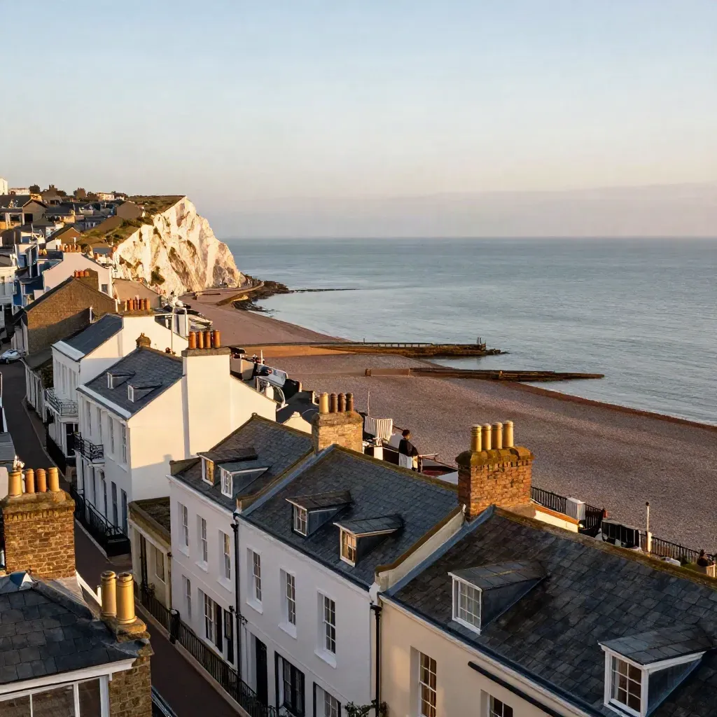 Brighton rooftops above misty sea and chalk cliffs at golden hour