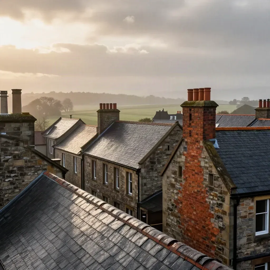 Wet slate roofs and stone facades under mist, with calm open space below for copy.