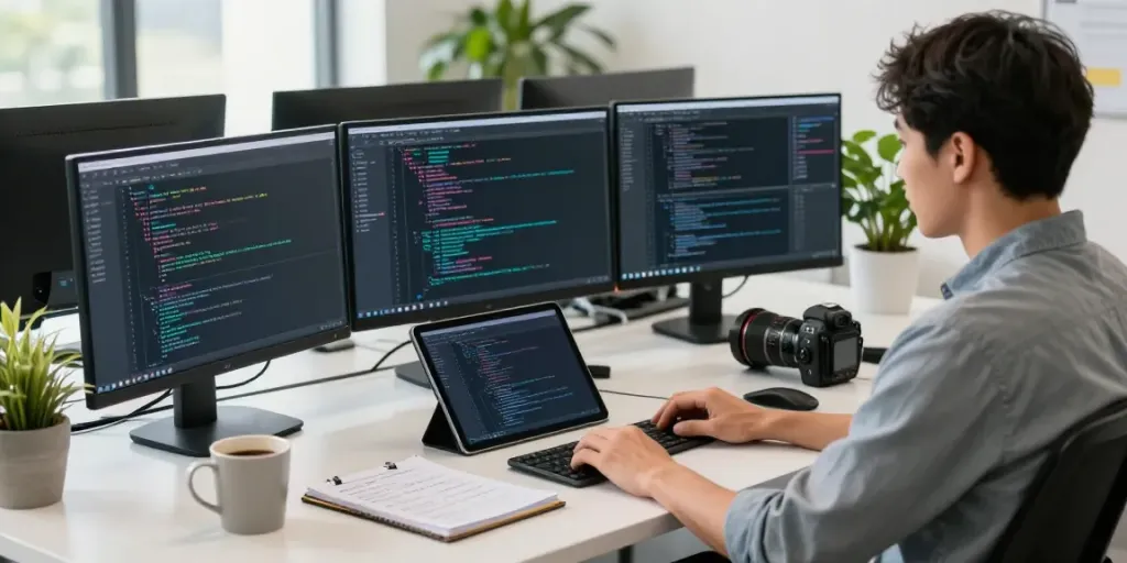 Engaged developer in a modern workspace, ready to publish software articles.