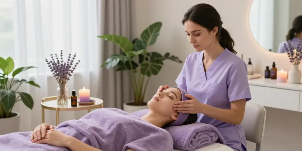 Beauty Treatments Colchester in a calming salon during facial treatment session with soothing decor.