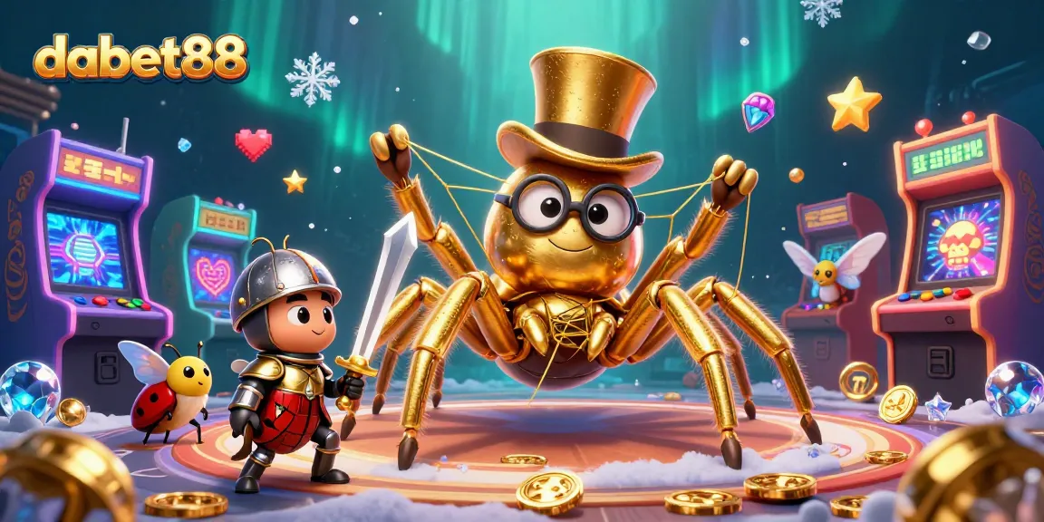 Experience dabet88 excitement with a vibrant 3D casino illustration showcasing a golden tarantula and knight.