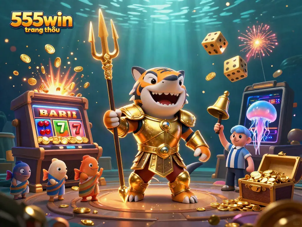 Experience thrilling gameplay at 555win trang chủ with a vibrant underwater casino scene featuring animated characters and jackpot excitement.