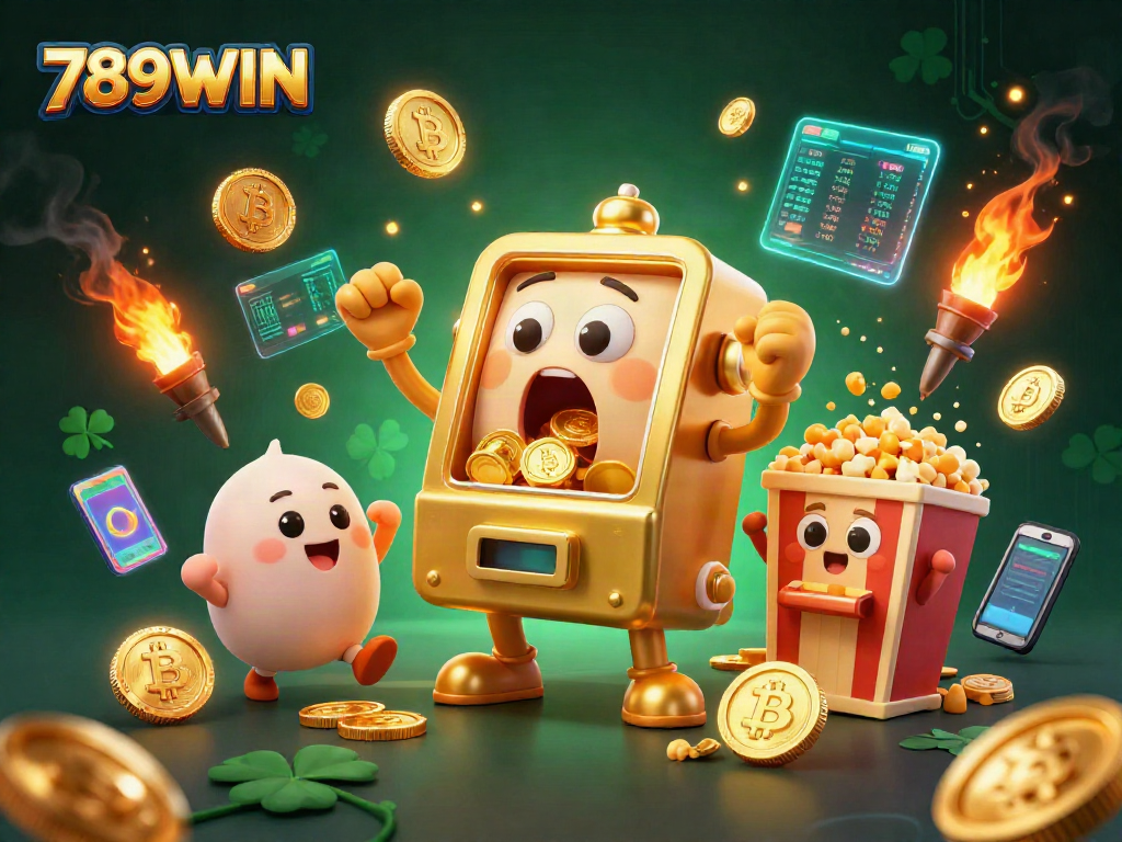 Spin the reels with 789WIN slot machines celebrating a jackpot amidst cryptocurrency-themed elements.