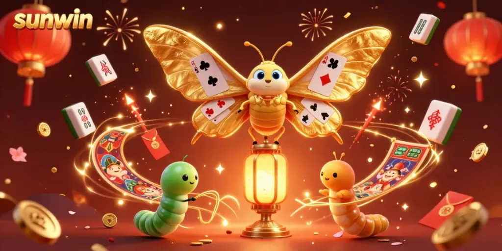 Engage with sunwin's vibrant 3D casino scene featuring an atlas moth and rich gaming symbols.