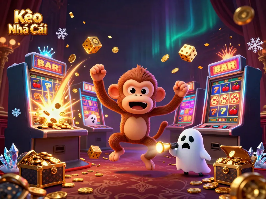 Experience Kèo Nhà Cái action as a mischievous monkey juggles golden coins in a lively casino.